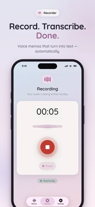 Record and Transcribe app home screen, ready to record a voice memo