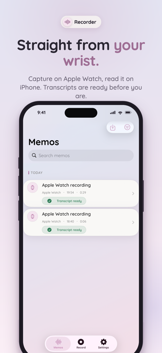 Speaker-labelled transcript of a voice memo in the app