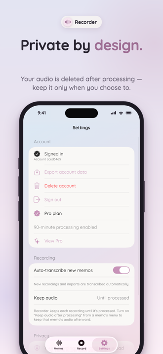 Voice memo list with transcripts ready to search, copy, and share