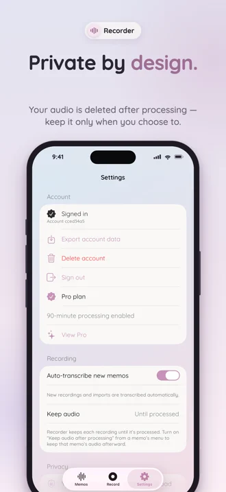 Voice memo list with transcripts ready to search, copy, and share